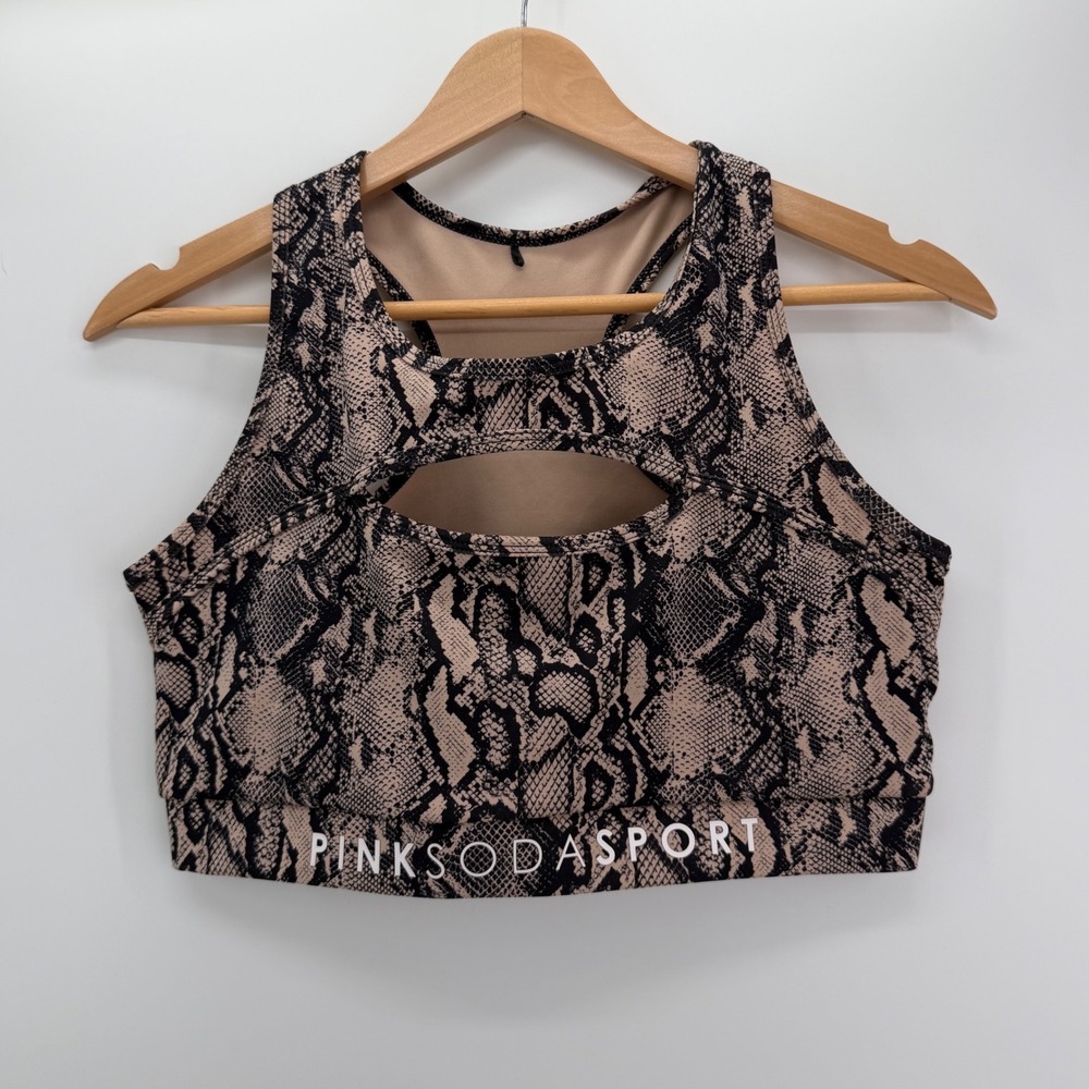 Pink Soda Sport Snakeskin Sports Bra Womens M/L* Tan Black Racerback Cutout Logo